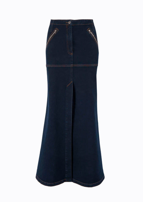 Ramune Piekautaite I LONG DENIM SKIRT WITH FRONT SLIT DARK BLUE