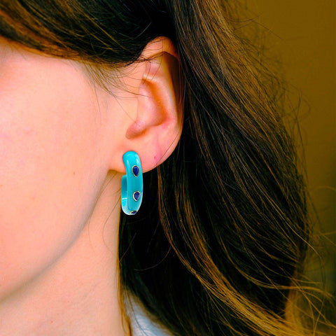Michael Nash Jewelry | Turquoise Resin Hoop Earrings With Faceted Lapis Glass Pear Stones