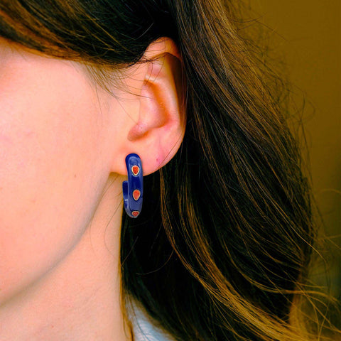 Michael Nash Jewelry | Navy Resin Hoop Earrings With Faceted Coral Glass Pear Stones