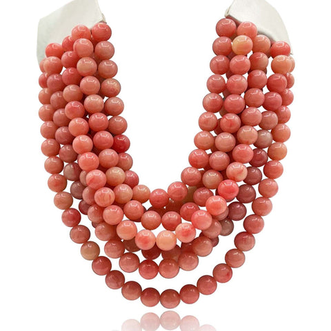 Michael Nash Jewelry | Multi-Strand Coral Resin Bead Necklace With Ivory Vegan Leather Adjustable Clasp