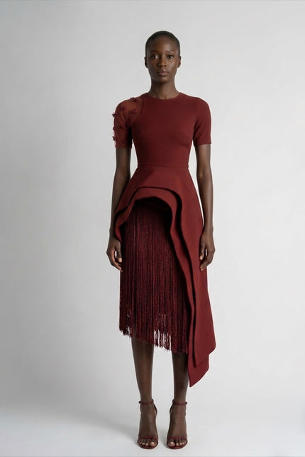 Anitabel | LEANNA BURGUNDY STRUCTURED ASYMMETRIC TOP AND FRINGE SKIRT
