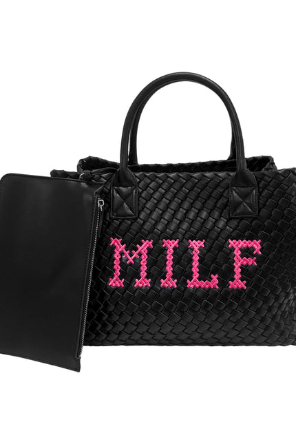 Lilly Loves MILF Vegan handbag in black leather with silver hardware, featuring a structured shape and top handle.