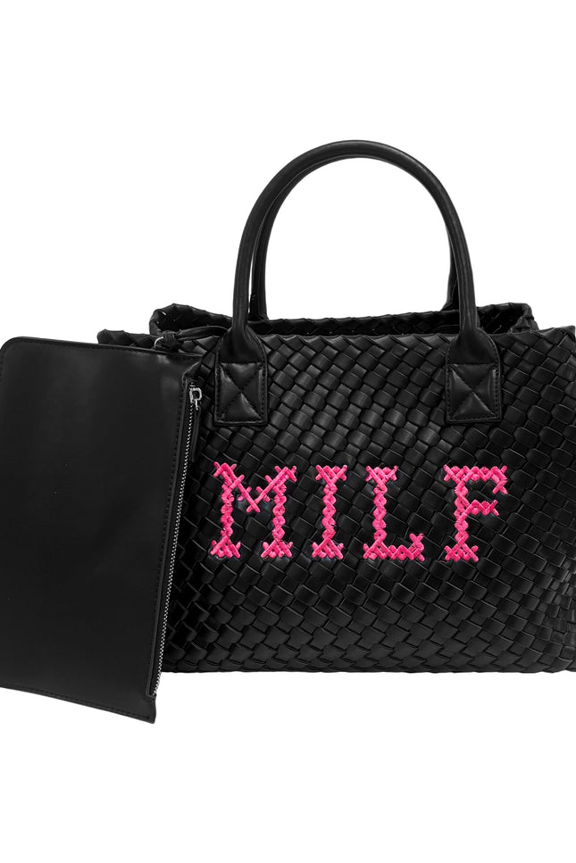 Lilly Loves MILF Vegan handbag in black leather with silver hardware, featuring a structured shape and top handle.