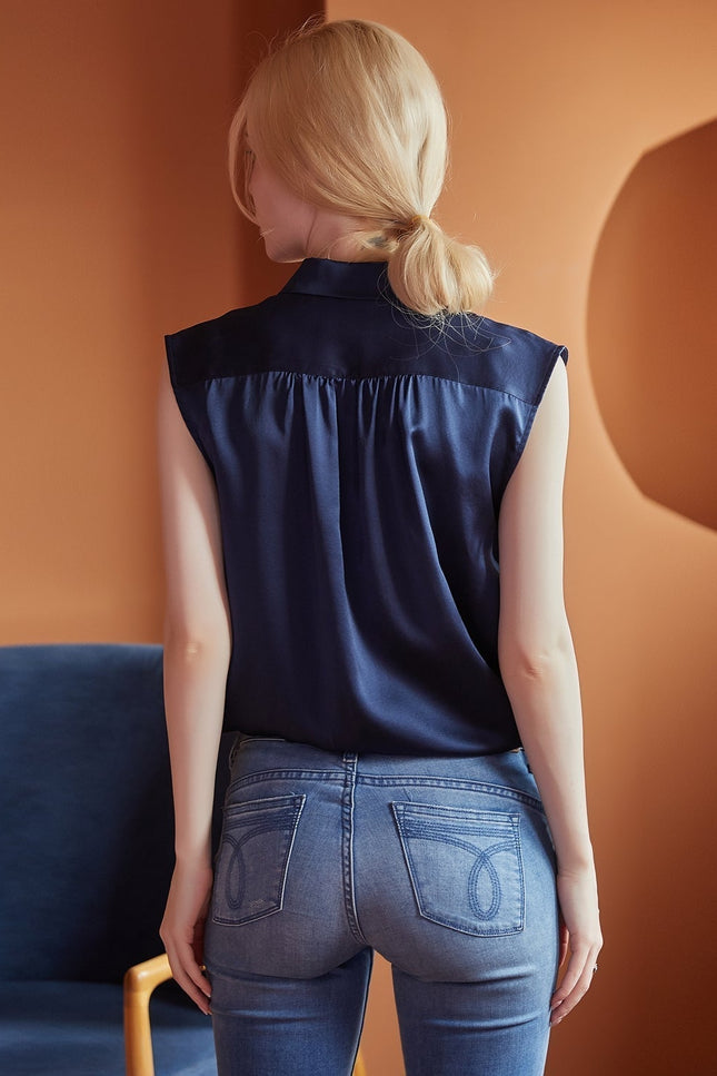 Soft Strokes Silk | Pointed Peter Pan Collar Sleeveless Auri Blouse