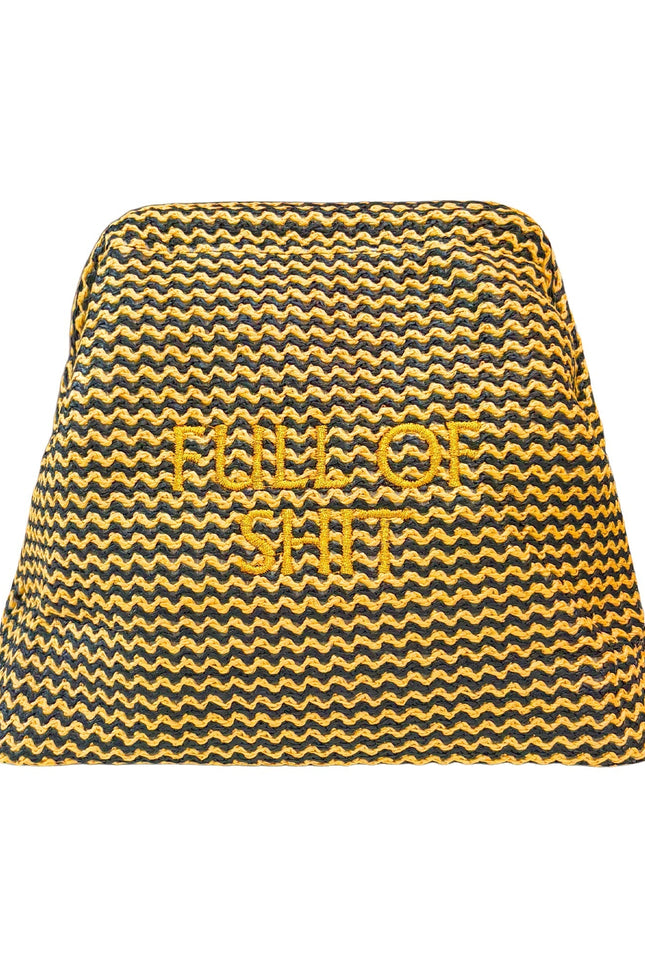 Lilly Loves Full Of Shit Gold Straw Clutch pouch with a woven straw texture and bold lettering, stylish and compact for essentials.