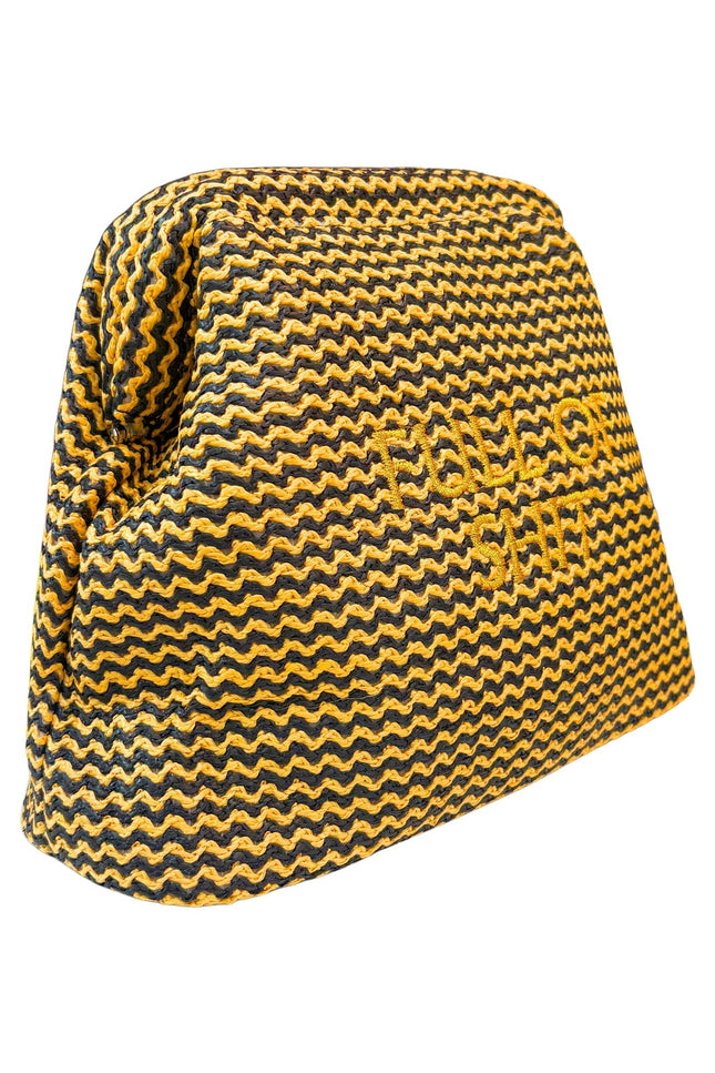 Lilly Loves Full Of Shit Gold Straw Clutch pouch with textured straw material and gold accents, stylish accessory for casual or evening wear.