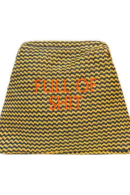 Orange straw clutch pouch by Lilly Loves with "Full Of Shit" text, featuring a woven design and compact size for carrying essentials.