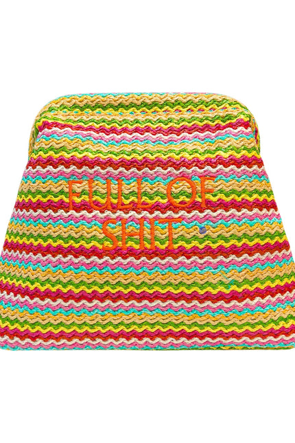 Colorful rainbow-themed Lilly Loves full of shit straw clutch pouch with zipper closure, featuring vibrant rainbow design and compact size.