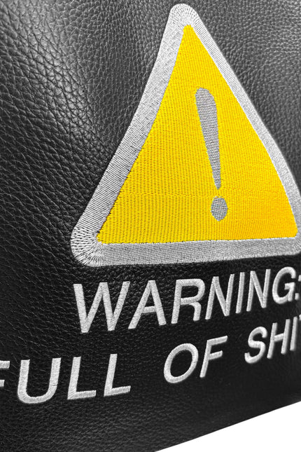 Lilly Loves Warning: Full Of Shit shoulder handbag with black strap and graphic print, casual fashion accessory.