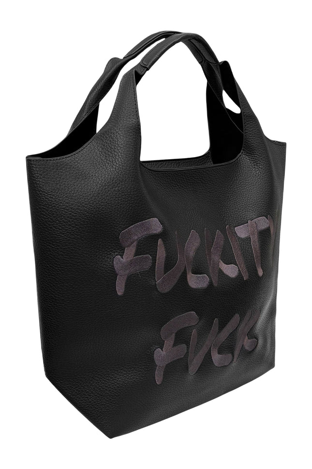 Lilly Loves Fuckity Fuck vegan handbag with bold black and white graphic design, stylish and eco-friendly accessory.