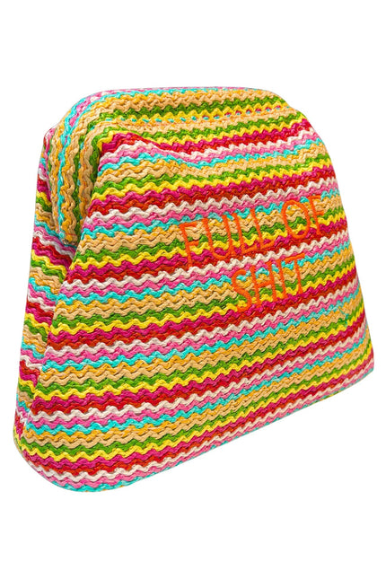 Lilly Loves Rainbow Full Of Shit straw clutch pouch with colorful rainbow design and zipper closure, stylish accessory.