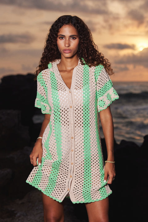 State Of Georgia I THE COVE CROCHET SHIRT DRESS - GREEN STRIPES
