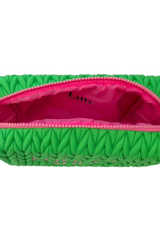 Green squishy makeup bag by Lillyloves, soft wash bag with a playful texture, ideal for storing cosmetics and toiletries.