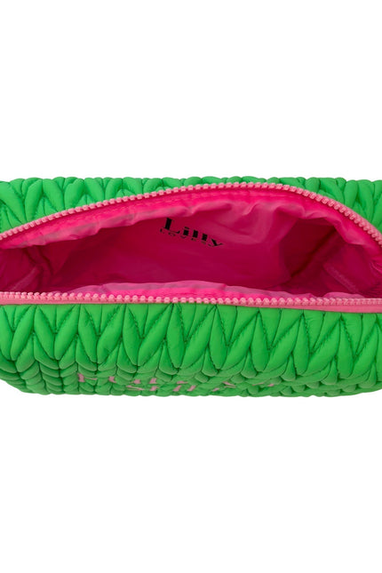 Green squishy makeup bag by Lillyloves, soft wash bag with a playful texture, ideal for storing cosmetics and toiletries.