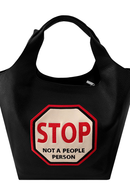 Lilly Loves STOP Not A People Person handbag in black with silver hardware, featuring a structured design and top handle.