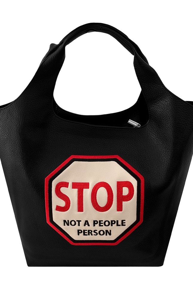Lilly Loves STOP Not A People Person handbag in black with silver hardware, featuring a structured design and top handle.