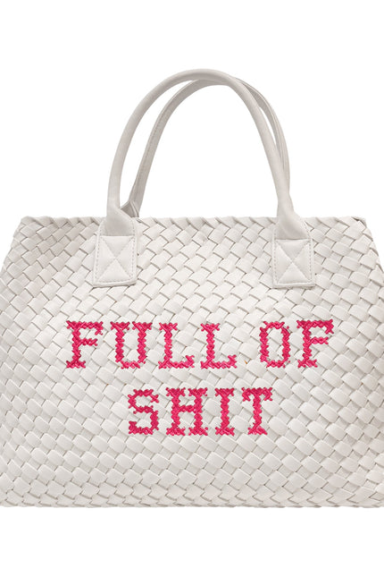 White vegan woven handbag with pink accents by Lilly Loves, featuring a stylish handwoven design and spacious interior.