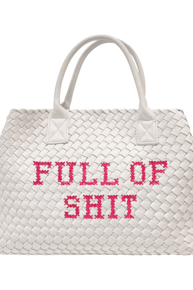 White vegan woven handbag with pink accents by Lilly Loves, featuring a stylish handwoven design and spacious interior.