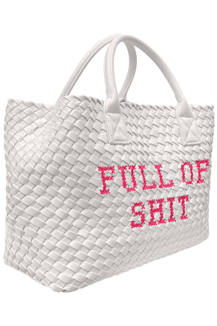 White vegan woven handbag with pink accents by Lilly Loves, featuring a stylish and spacious design for everyday use.