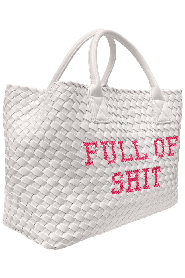 White vegan woven handbag with pink accents by Lilly Loves, featuring a stylish and spacious design for everyday use.