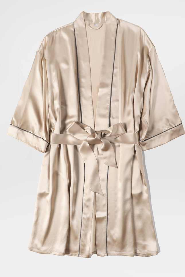 Soft Strokes Silk | Beige Float Kimono Robe & Slip Mini Dress Set