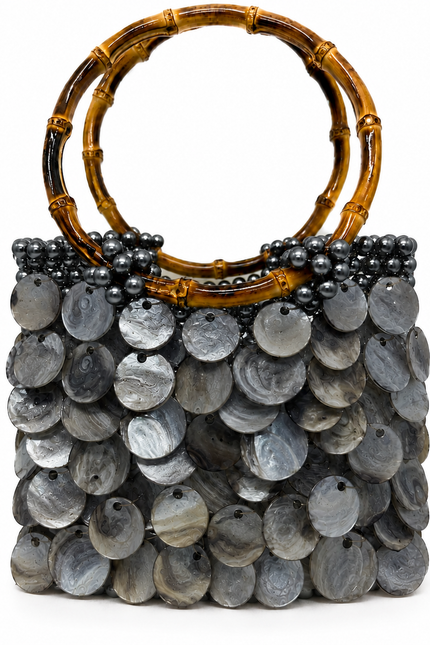 Solea Shadow Atelier Emine black natural mother-of-pearl pearl handbag with bamboo handle, handmade couture bag