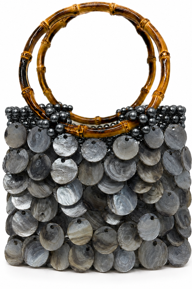 Solea Shadow Atelier Emine black natural mother-of-pearl pearl handbag with bamboo handle, handmade couture bag