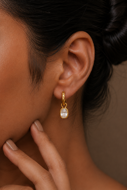 Gold Plated Crystal Drop Textured 92.5 Sterling Silver Hoop Earrings