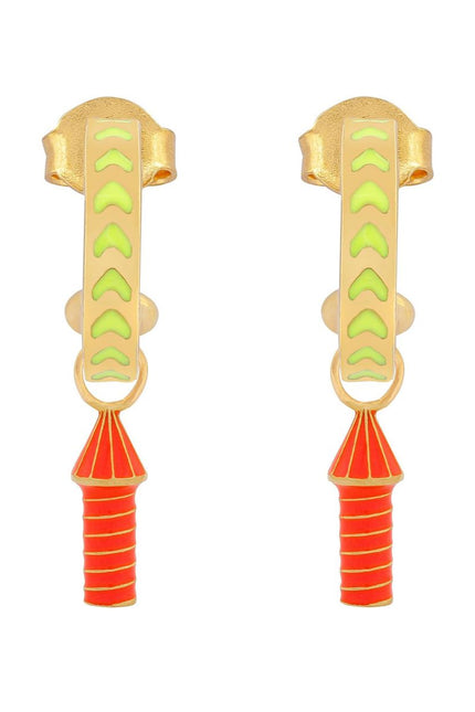 image of rocket enamel earrings in neon yellow, orange and gold on white background