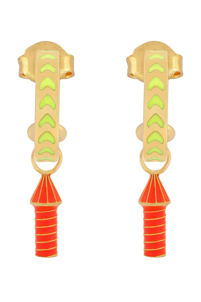 image of rocket enamel earrings in neon yellow, orange and gold on white background