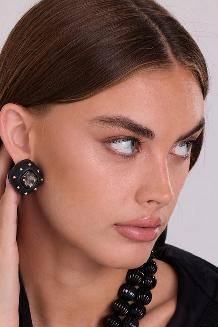 Abby Soft Square Matte Studded Black And Black Diamond Crystal Clip Earrings