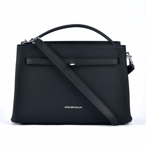 Black atelier galin cube lock handbag with silver hardware and brand logo detachable strap