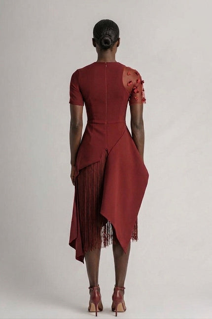 Anitabel | LEANNA BURGUNDY STRUCTURED ASYMMETRIC TOP AND FRINGE SKIRT