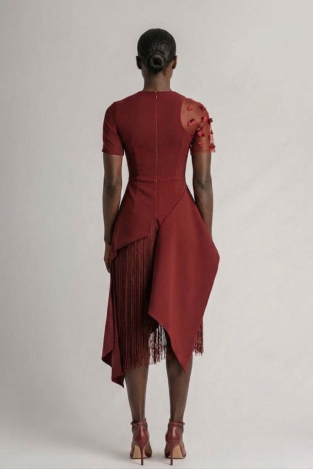 Anitabel | LEANNA BURGUNDY STRUCTURED ASYMMETRIC TOP AND FRINGE SKIRT
