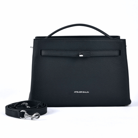 Black atelier galin cube lock handbag with silver hardware and brand logo with detachbale shoulder strap 