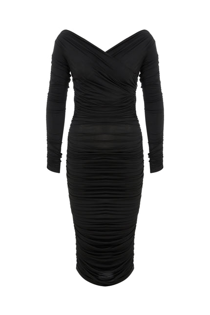 Nazli Ceren | Jilou Draped Jersey Midi Dress in Noire