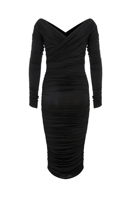 Nazli Ceren | Jilou Draped Jersey Midi Dress in Noire