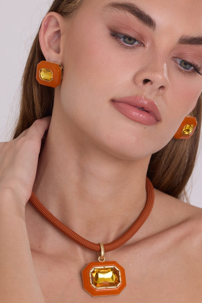 Michael Nash Jewelry | Lena Orange Resin Octagon And Topaz Crystal Pendant