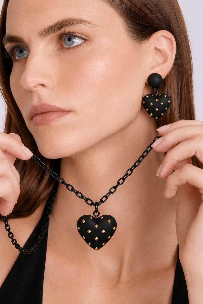 Michael Nash Jewelry | Lavinia Matte Black Resin Studded Heart Drop Earrings