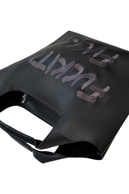 Lilly Loves Fuckity Fuck vegan handbag with bold text design, featuring black leather material and sturdy handle.