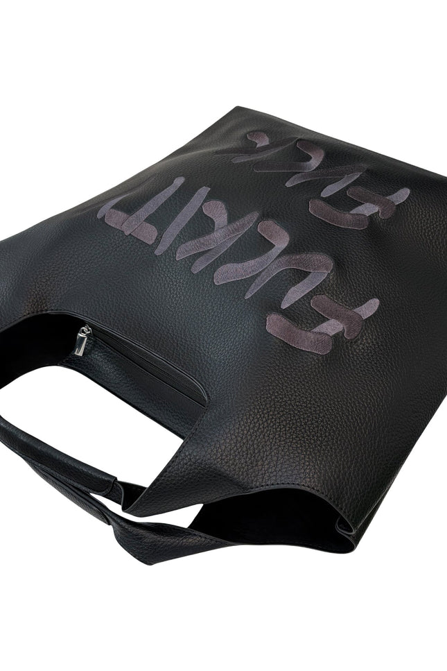 Lilly Loves Fuckity Fuck vegan handbag with bold text design, featuring black leather material and sturdy handle.
