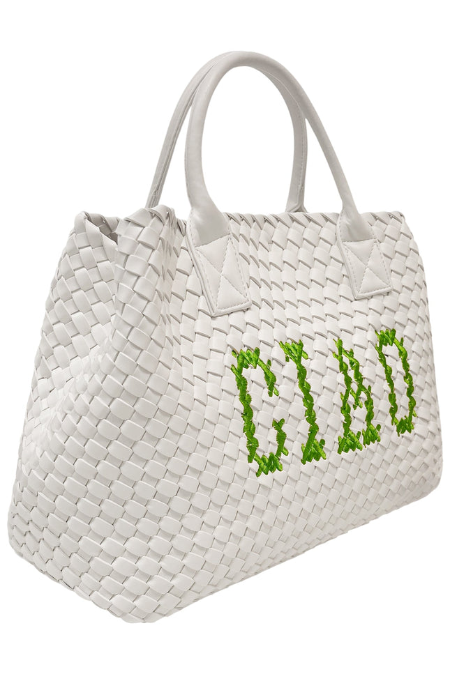 Green Lilly Loves Ciao vegan handbag with white accents, showcasing a stylish design and durable handles for everyday use.
