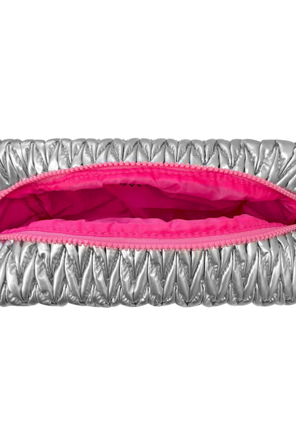 Silver LillyLovesLTD full of shit cosmetic bag with zipper closure and spacious interior for toiletries and makeup storage.