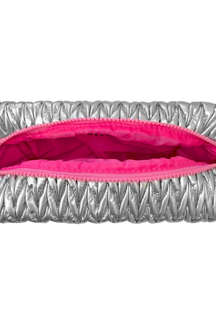 Silver squishy makeup bag by Lillyloves, soft fabric wash bag with a fun, textured surface for storing cosmetics and toiletries.