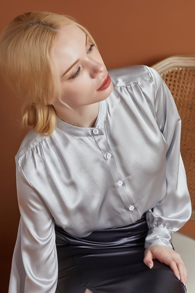 Soft Strokes Silk | Long Sleeve Banded Collar Blouse Aeverie