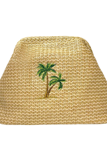 Lilly Loves Palm Tree Straw Clutch pouch with tropical palm leaf design and woven straw texture, ideal for summer accessories.
