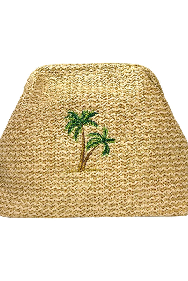 Lilly Loves Palm Tree Straw Clutch pouch with tropical palm leaf design and woven straw texture, ideal for summer accessories.