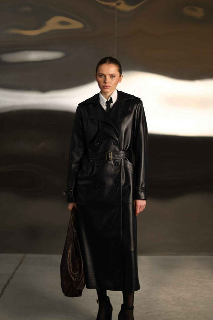 faux leather black trench coat