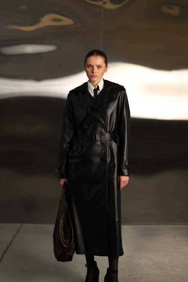 faux leather black trench coat
