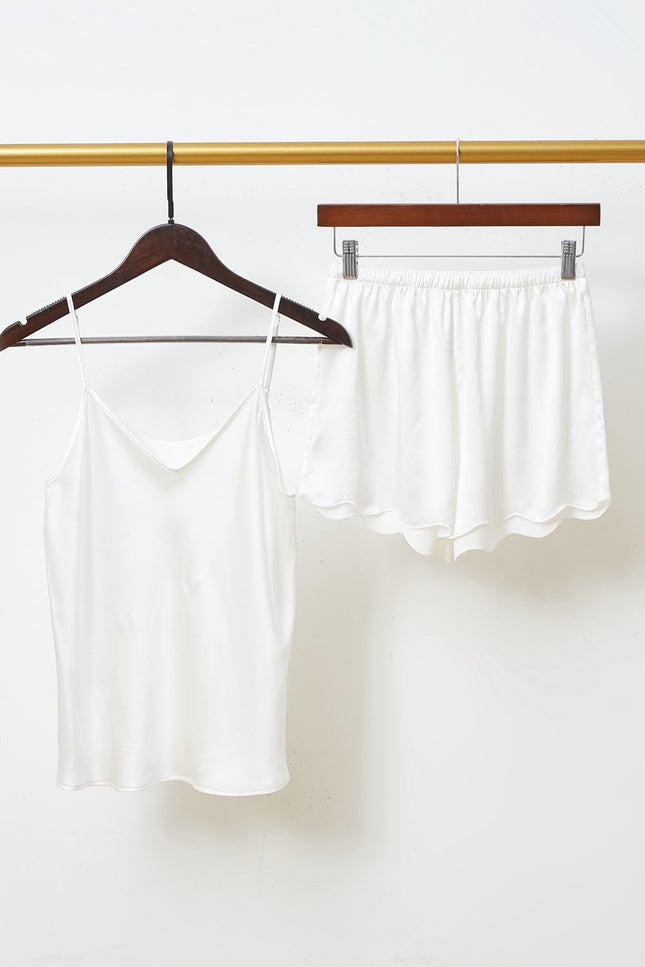 Soft Strokes Silk | Pearl White Camisole and Scalloped Shorts Pyjamas
